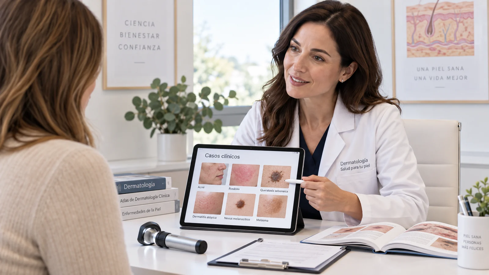 Dermatóloga revisando imágenes de casos clínicos dermatológicos durante una consulta