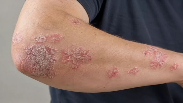 Imagen ilustrativa de psoriasis en placas en codo y antebrazo